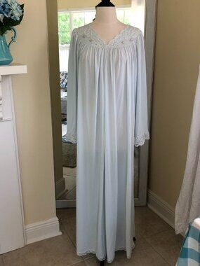 Vintage Shadowline Long Sleeve Nylon Nightgown Blue Size XL Peignoir Lace Floral